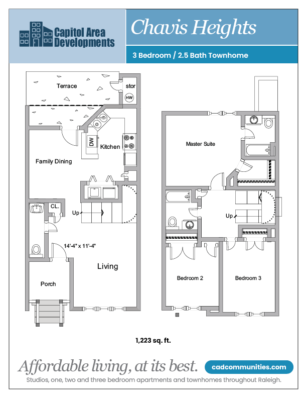 Floor plan for 3 beds, 3 baths, 1223 sqft